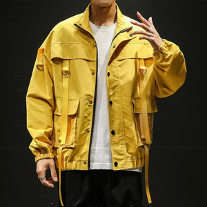Men's Yellow Safari <b>Jacket</b> Stand Collar Waterproof Workwear Style <b>Canvas</b> Material Regular Fit Spring Season - Product Image 4