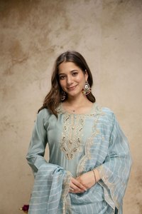 Kurti de algodón azul claro para mujer, pantalón hasta el tobillo, atuendo étnico tradicional estilo India Pakistán, ropa casual, corte regular - Product Image 3