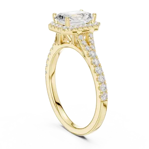 Anillo de compromiso unisex de lujo con halo de diamantes cultivados en laboratorio de corte radiante de 1 quilate, banda pavé de oro macizo de 14k/18k y tallo dividido para hombre y mujer - Product Image 2