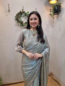 Sari de seda plateada Fendy pre-cosido, listo para usar en un minuto |   Blusa Fluida y Preconfeccionada |   Ropa de Fiesta Talla Única - Product Image 2