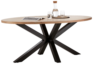 Table de salle à manger moderne en bois d'acacia de haute qualité, design industriel, plateau ovale à rayures, pieds en métal araignée - Product Image 3