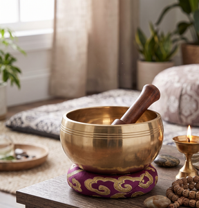 Bol chantant en laiton authentique fait main pour la méditation, avec coussin à motif floral traditionnel – Vente en gros - Product Image 1