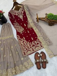 Conjunto de Sharara y Dupatta de Georgette Foux de alta calidad con bordado de lentejuelas de 3 mm, estilo vintage para fiesta, largo hasta la rodilla, de secado rápido - Product Image 5