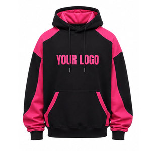 Black <b>Pink</b> Color Blocking Hooded Sweatshirt Raglan Sleeve Oversized Casual Autumn Heat Transfer Printed Front Logo - Product Image 2