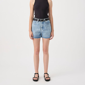 Pantalones Cortos de Mezclilla de Cintura Alta para Mujer, Estilo Casual, Color Azul Claro, con Bolsillos, de Algodón, Lavado a la Piedra, Pierna Recta, Ideales para Verano - ¡Los Más Vendidos! - Product Image 1