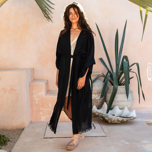 เสื้อคลุมกิโมโนสีดำสไตล์โบฮีเมียน ผ้าฝ้ายดิบลายชนเผ่า เสื้อคลุมคาร์ดิแกนสำหรับผู้หญิง ชุดคลุมแบบพันรอบตัว ชุดเดรสสไตล์เทพธิดา ชุดชายหาด ของขวัญสำหรับเธอ - Product Image 2