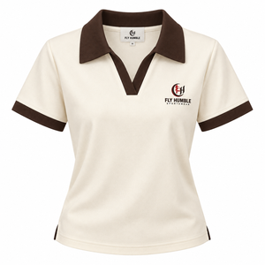 Polo para mujer Fly Humble, color crema, cuello marrón, manga corta, transpirable, tejido, ropa deportiva informal, precio al por mayor con personalización. - Product Image 1