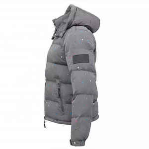 Unisex Gray Puffer <b>Jacket</b> With Hood Stand Collar Zipper Closure Glitter Dot Print Windproof Winter Coat Casual Style - Product Image 2