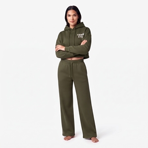 Trendy Olive Green Cotton Fleece Women's <b>Crop</b> Top Full Sleeves Drop Shoulder Hoodie And Wide Leg <b>Jogger</b> Pant Custom Logo - Product Image 1