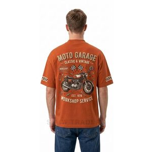 T-shirts à épaules tombantes orange avec imprimé graphique Moto Garage sur le dos, style vintage automobile streetwear - Product Image 2