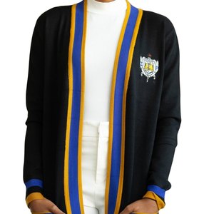 Sigma Gamma Rho Long Black <b>Duster</b> Cardigan Women Blue Gold Trim Knit Sweater Greek Sorority Elegant Casual Style - Product Image 4