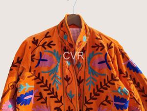Chaqueta Bohemia con Cuello Mandarín, Bordado Floral, Manga Larga, Cierre de Cremallera, Color Naranja, Ropa Exterior para Mujer, Estilo Casual de Otoño - Product Image 3