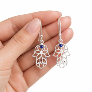 Boucles d'oreilles Hamsa en Lapis Lazuli naturel – Boucles d'oreilles pendantes Main de Fatima en argent sterling 925 - Product Image 4