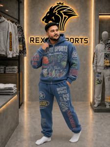 Custom Graphic Printed <b>Full</b> <b>Zip</b> <b>Hoodie</b> Tracksuit Heavyweight Acid Washed Streetwear Men Sweatshirt Sweatpants Outfit 100% Cotton - Product Image 4