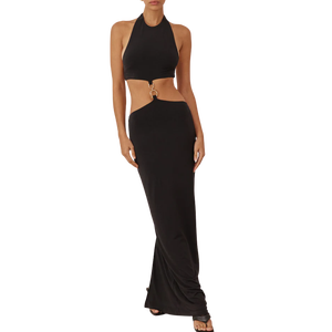 Robe de soirée de luxe avec ceinture à boucle et fente décorative au dos, en tissu extensible, silhouette moulante, fabriquée au Vietnam - Product Image 1