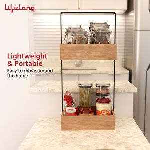 Wooden Double Tier <b>Storage</b> Rack With Metal Frame Minimalist Bathroom Organizer For <b>Toiletries</b> And Sundries Standing Type - Product Image 3
