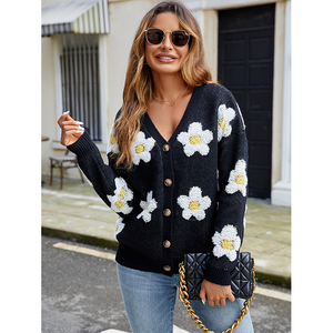 Women's Floral Knit <b>Cardigan</b> V-Neck Full Sleeve Casual <b>Spring</b> Wear 100% Acrylic Anti-Pilling Hand Knitted Single Breasted - Product Image 4