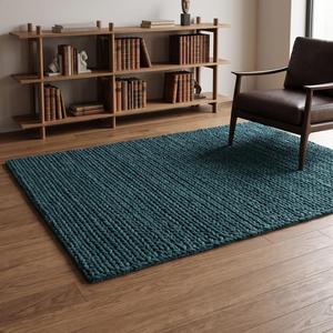 Tapis moderne en laine couleur vert sarcelle uni, tissé à la main avec un design texturé bouclé, décoration de sol naturelle pour salon et chambre à coucher - Product Image 2