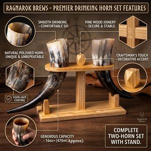 Mug à boire en corne de buffle Viking avec support en bois, artisanal, design classique, pour boissons médiévales (bière, miad/ale) - Product Image 4
