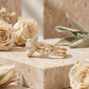แหวนหมั้นทองคำชมพู 14k ประดับมอสซาไนต์ทรงรี พร้อมชุดแหวนแต่งงานประดับเพชรทรงมาร์คีส์เข้าชุด - Product Image 3