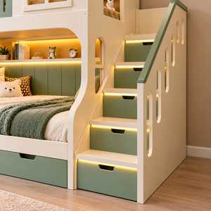 Modern Kids House Style <b>Bunk</b> <b>Bed</b> with Built In Storage Staircase LED Lighting Safety Guardrail Loft Sleeper Lower Double <b>Bed</b> - Product Image 2