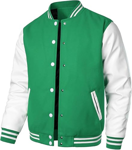 Veste universitaire 2027 vert et blanc à blocs de couleur, col montant, boutons-pression, style sportif, manteau de baseball - Product Image 6
