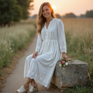 Primavera verano desgaste mujer Maxi vestido blanco bordado a mano trabajo con bolsillos laterales lujoso encanto - Product Image 1