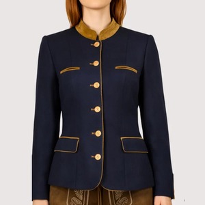Navy Blue Mandarin Collar Shirt Jacket with Gold <b>Buttons</b> Slim Fit Regular Sleeve Winter Casual Wool Polyester Blend Embroidered - Product Image 1