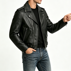 Custom Logo Embroidered Vintage Men Black Genuine Cowhide <b>Leather</b> Motorcycle <b>Jacket</b> Classic <b>Retro</b> Durable Asymmetrical Belt - Product Image 4