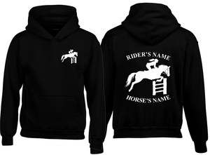 Sweat à capuche unisexe noir avec motif de cavalier sautant, nom personnalisé du cavalier et du cheval imprimé devant et derrière, coupe décontractée, coton French Terry - Product Image 6