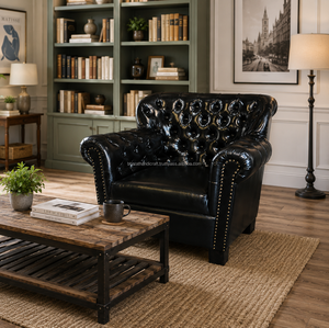 Fauteuil antique en cuir véritable avec structure en bois massif, design classique, rembourrage capitonné, assise confortable pour salon - Product Image 3