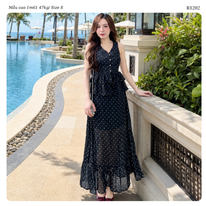 Vestido Maxi de Gasa con Botones y Estampado de Puntos Marrones para Mujer, Cuello en V, Sin Mangas, Cintura con Volantes, Estilo Casual para Playa o Vacaciones, Conjunto de Dos Piezas - Product Image 1