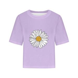 Plus Size Workout Crop <b>Top</b> Three Quarter Sleeve Crew Neck T-Shirt With Daisy Flower Print For Adults Casual Short Sleeve - Product Image 1