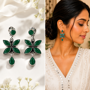 Wholesale <b>Oxidized</b> Silver Green Onyx Flower Dangle Earrings Handmade Boho Jewelry Manufacturer Supplier - Product Image 2