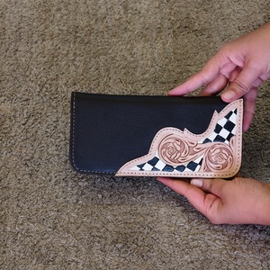 Stylish Floral Hand Tooling Carved 100% Genuine Leather Women's Clutch Checkered Pattern Wallet <b>Purse</b> Bohemian Zipper - Product Image 1