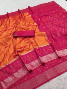 Sari indien ethnique en soie Pochampalli orange, style Banarasi, tissé avec des motifs, pour mariage, fête ou tenue de mariée. - Product Image 6
