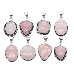 Colliers pendentifs ovales en quartz rose naturel et obsidienne, 25 pièces, avec sertissage clos en argent vieilli, unisexe, style chrétien - Product Image 1
