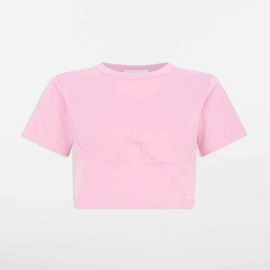 T-shirt court décontracté pour femme en coton rose à col rond et manches courtes, couleur unie, tissu jersey respirant, avec logo, 220g, Printemps-Été - Product Image 3