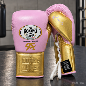 ถุงมือชกมวยหนังสีชมพูทอง ไม่มีมวยไม่มีชีวิต  แบบผูกเชือก ฝึกซ้อมได้เต็มนิ้ว ผลิตในเม็กซิโก - Product Image 5