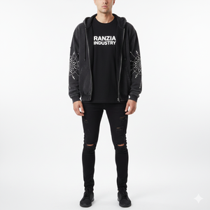 Ranzia Industry Factory Manufacturer Supply Men Zip Hoodie Distressed Embroidery Wholesale Men Streetwear Zip Hoodie - Product Image 1