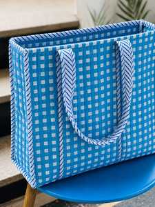 Blue Quilted <b>Tote</b> <b>Bag</b> with <b>White</b> Check Pattern Zipper Closure Bohemian Style Large Capacity Embroidery Daily Use Shopping <b>Bag</b> - Product Image 3