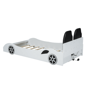 Letto a piattaforma a forma di auto da corsa bianco per bambini, con luci LED e schienale imbottito, struttura in legno - Product Image 3