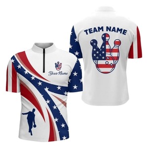 Maillot de bowling personnalisé imprimé par transfert thermique, motif drapeau américain, manches courtes, respirant, anti-humidité, unisexe adulte - Product Image 1