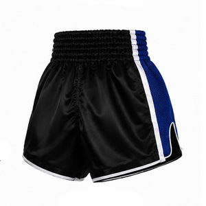 Shorts de boxe Muay Thai pour hommes, rouge et bleu, taille haute, fermeture élastique, satin respirant, logo avant, sportif, 100% polyester, color block - Product Image 1