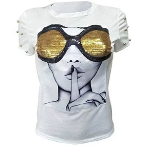 Women's White <b>Sequined</b> Sunglasses Print T-Shirt Crew Neck Short Sleeve Casual Jersey <b>Top</b> - Product Image 3