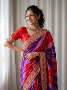 Traditional Indian Silk <b>Saree</b> Women <b>Red</b> Purple Gradient Embroidered Border Floor-Length Recycled Materials for Wedding Occasion - Product Image 2