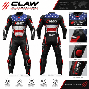 Traje de Motociclismo Unisex de Cuero Estampado CLAW INTERNATIONAL, Diseño de Bandera Americana, Manga Larga, Transpirable y de Secado Rápido - Product Image 1