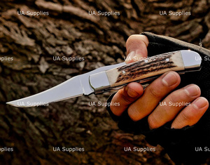 UA Supplies Custom Handmade 440C Stainless Steel High Quality Hunting Industrial Grade Liner <b>Lock</b> Folding Pocket Knife Stag Horn - Product Image 3