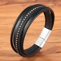 Bracelet en cuir multicouche pour homme MenneM 2026 avec fermoir magnétique en acier inoxydable et rivets personnalisés – Accessoire masculin pour usage quotidien