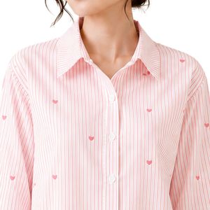 Camisa de Mujer a Rayas Rosa y Blanca con Botones, Blusa de Algodón de Manga Larga con Bordado de Corazón, Ajuste Holgado, Estilo Casual, Top Oversize - Product Image 5